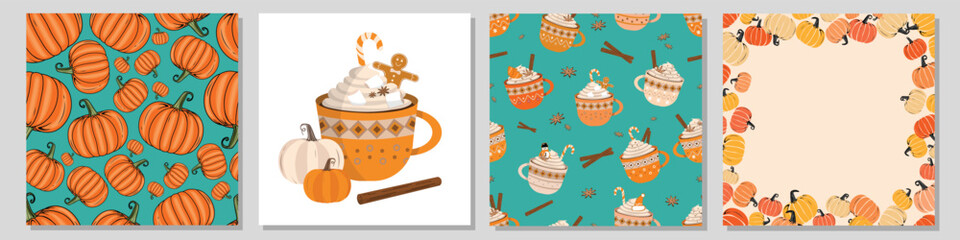 Vector flat Halloween pumpkin seamless patterns, frame template and design element pumpkin printable repeatable texture signboard design. Halloween, Thanksgiving Holiday and Pumpkin Concept Design.