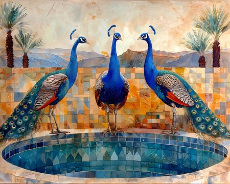 Luxury Vintage Chinoiserie painting of peacocks standing around the pool,  for home decor, wall art, digital art print, wallpaper, background