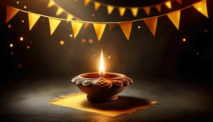 Realistic illustration for celebrating puthandu with elegant clay oil lamp glowing on a dark background. - obrazy, fototapety, plakaty
