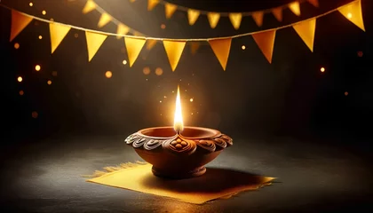 Fotobehang Realistic illustration for celebrating puthandu with elegant clay oil lamp glowing on a dark background. © Milano
