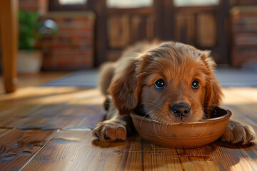 Cute little pet dog with head in bowl waiting for food in room selective focus close up on floor
