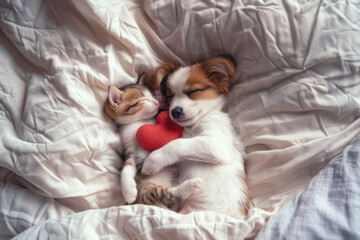 Little pet dog sleeping with a little kitten next to him on the bed with a red heart top view
