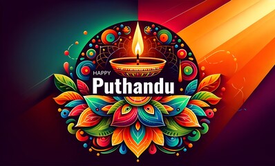 Illustration for puthandu with a vibrant colorful pattern and diya lamp.