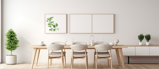 Illustration showing a spacious dining room with a sizeable table surrounded by elegant chairs