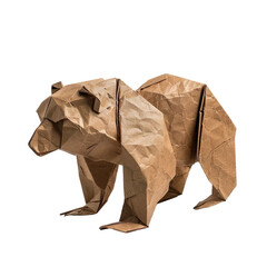 Fototapeta premium Profile view of an origami bear made of brown handmade paper isolated on a white transparent background
