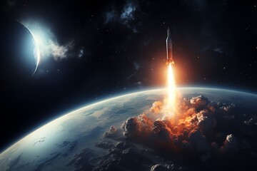 a rocket taking off from earth - obrazy, fototapety, plakaty