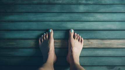 human feet on a blue wooden floor with space for text