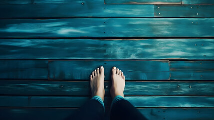 human feet on a blue wooden floor with space for text