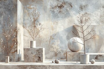 Contemporary 3D still life with artistic stone sculptures and dried flora against a textured wall