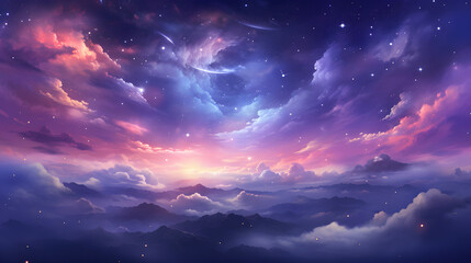 a purple cloudscape with stars is shown on a screen