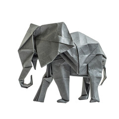 Profile view of an origami elephant made of gray handmade paper isolated on a white transparent background