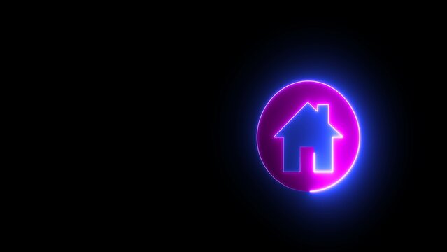 Symbols identifying the location of the house. Neon house building sign. House icon glowing neon light on black background.