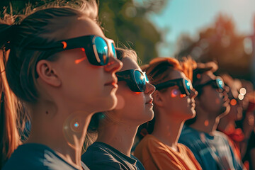 crowd of people with protective glasses watching a solar eclipse - obrazy, fototapety, plakaty