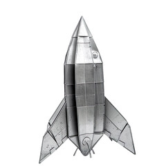 Profile view of an origami rocket made of silver handmade paper isolated on a white transparent background