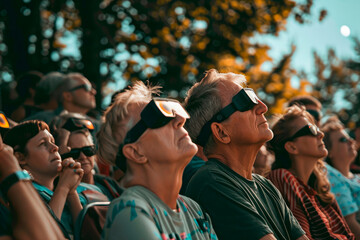 crowd of people with protective glasses watching a solar eclipse - 766249926
