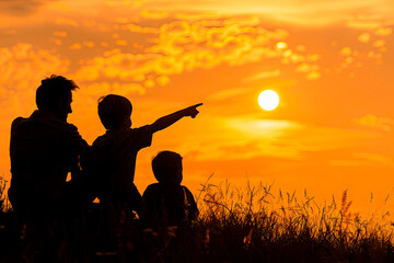 Fototapeta premium silhouettes of father with his children observing a solar eclipse