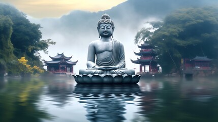 a statue of a buddha on a lotus flower in a body of water