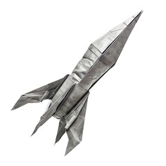 Profile view of an origami rocket ship made of silver handmade paper isolated on a white transparent background