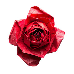 Profile view of an origami rose made of red handmade paper isolated on a white transparent background