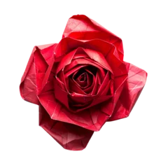 Poster Profile view of an origami rose made of red handmade paper isolated on a white transparent background © CrazeePixelINC