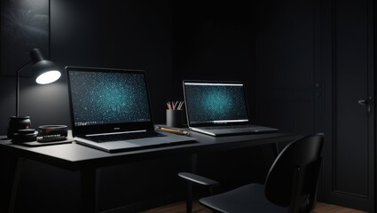 workplace in dark room with computer and coffee cup. 3d rendering.