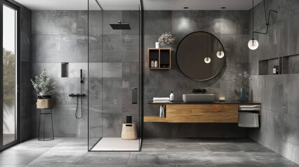 A contemporary bathroom with gray tile walls, a floating vanity, and a walk-in shower with a glass door - obrazy, fototapety, plakaty