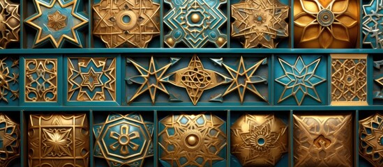 An array of gold and electric blue objects arranged on a shelf, showcasing symmetry and patterns. The mix of metal and color creates a visually pleasing facade - obrazy, fototapety, plakaty