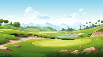 a golf course with a river and mountains in the background - Powered by Adobe