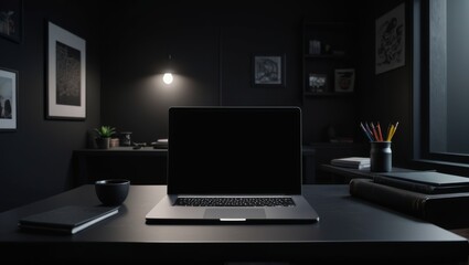 workplace in dark room with computer and coffee cup. 3d rendering.