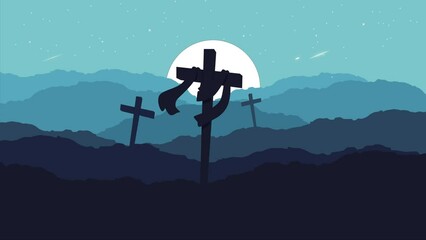 Good friday background animation with cross crucifix on hill and shooting stars. Suitable for Maundy Thursday and Holy Saturday. Video animation in 4k quality