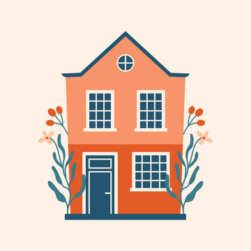 Cottagecore arhitecture. Cute vector colorful building in hand drawn flat style. Village building, house with plants, leaves, berries. Slow life, life on farm. Leisure in travel, vacation concept.	