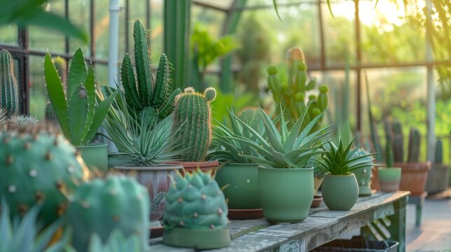 Stylish composition of home garden interior filled a lot of beautiful plants, cacti, succulents, air plant in different design pots. Home gardening concept Home jungle. Copy spcae