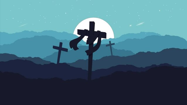 Good friday background animation with cross crucifix on hill and shooting stars. Suitable for Maundy Thursday and Holy Saturday. Video animation in 4k quality - Powered by Adobe