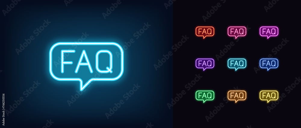 Poster outline neon faq icon set. glowing neon faq text with speech bubble. frequently asked questions, bus
