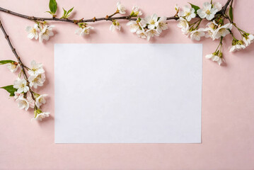 Fresh tender spring twigs, green leaves, cherry branches with white blossom flowers on pale pink background and clean white sheet. Top view, flat lay, space for text. Copy space