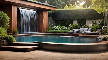 Waterfall fountain and large banner with copy space for garden and landscape design ideas are features of a modern outdoor house water feature.