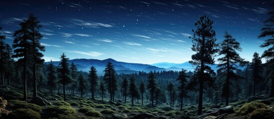 A natural landscape with mountains rising in the background, adorned with a canopy of trees under a starry sky with clouds drifting in the atmosphere at night