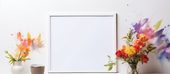 Obraz premium Colorful flowers in two vases alongside a decorative picture frame placed on a wooden table