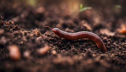 Macro shot of an earthworm making its way into the ground

