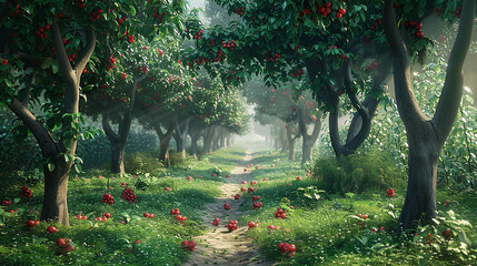 A cherry orchard where a mysterious strawberry patch suddenly appears. - obrazy, fototapety, plakaty