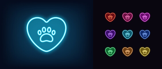 Outline neon pet love icon set. Glowing neon heart with animal paw. Pet care and veterinary aid, shelter and home for animals, donation and charity, animal rescue fund, cat and dog care. Vector icons