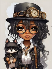 Steampunk girl with glasses and dog