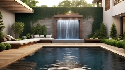 Waterfall fountain and large banner with copy space for garden and landscape design ideas are features of a modern outdoor house water feature.