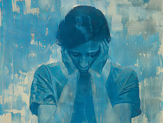 Sad and stressed woman, blue painting, distress, melancholic feeling