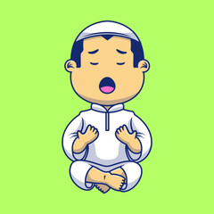 Cute Moslem Boy Praying Sitting Cartoon Vector Icons Illustration. Flat Cartoon Concept. Suitable for any creative project.