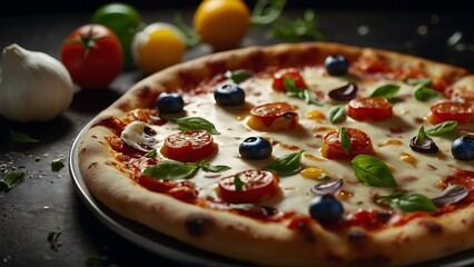 Delicious Italian Pizza with Salami, Olives, and Tomatoes on a White Plate