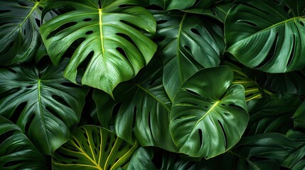 Fototapeta na wymiar Dense, vibrant close-up of lush green Monstera leaves with rich textures