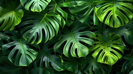 Dense, vibrant close-up of lush green Monstera leaves with rich textures