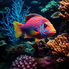 Naklejka premium Immerse yourself in the beauty of marine biodiversity with this colorful scene of a rock beauty fish swimming gracefully among vibrant coral reefs. AI generative