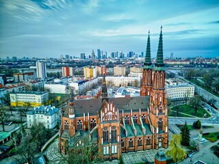Beautiful panoramic aerial view of Warsaw with St. Florian's Cathedral towers, Warsaw.